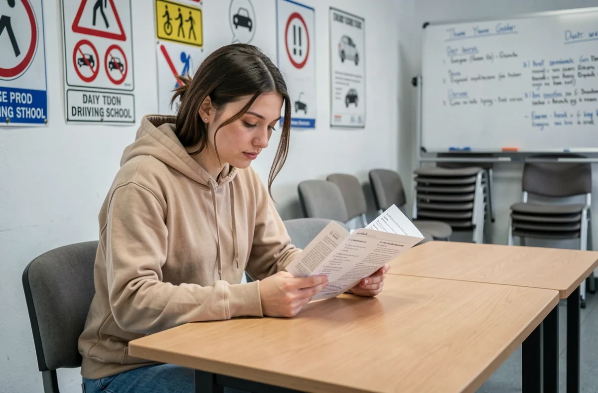 Jeune femme étudiant seule les questions théoriques du permis de conduire dans une salle de code auto-école