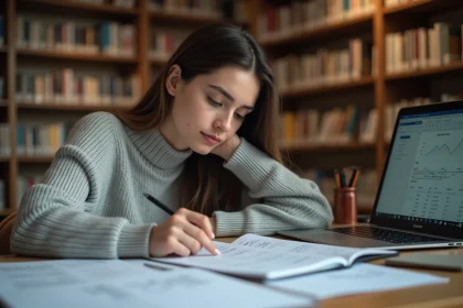 Étudiante simulant ses points BCE sur ordinateur portable avec des feuilles de calcul de coefficients étalées sur un bureau de bibliothèque