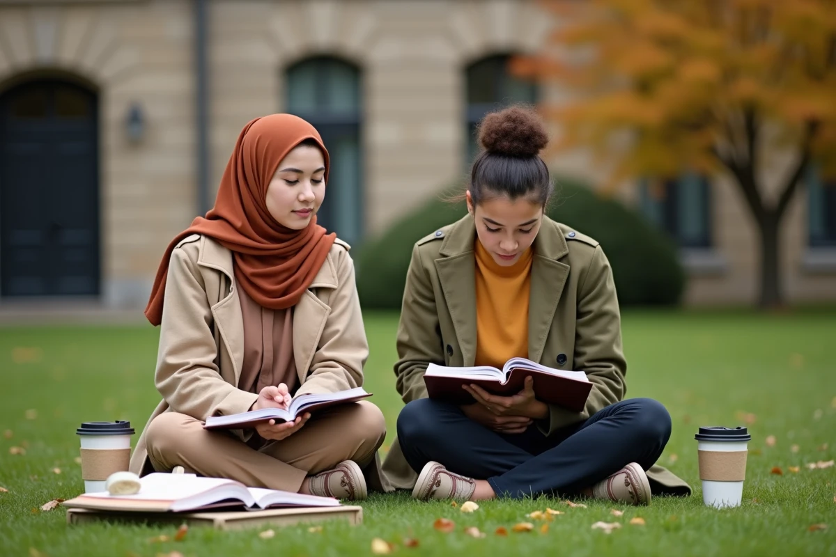 Deux étudiantes faisant une invocation ensemble en plein air sur un campus universitaire pendant les révisions