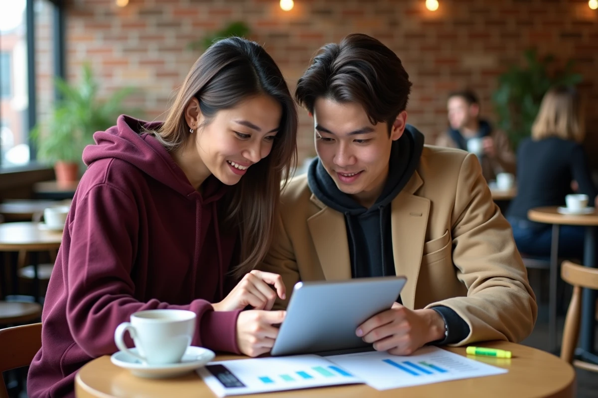 Deux étudiants analysant ensemble une simulation d'admissibilité BCE sur tablette dans un café universitaire
