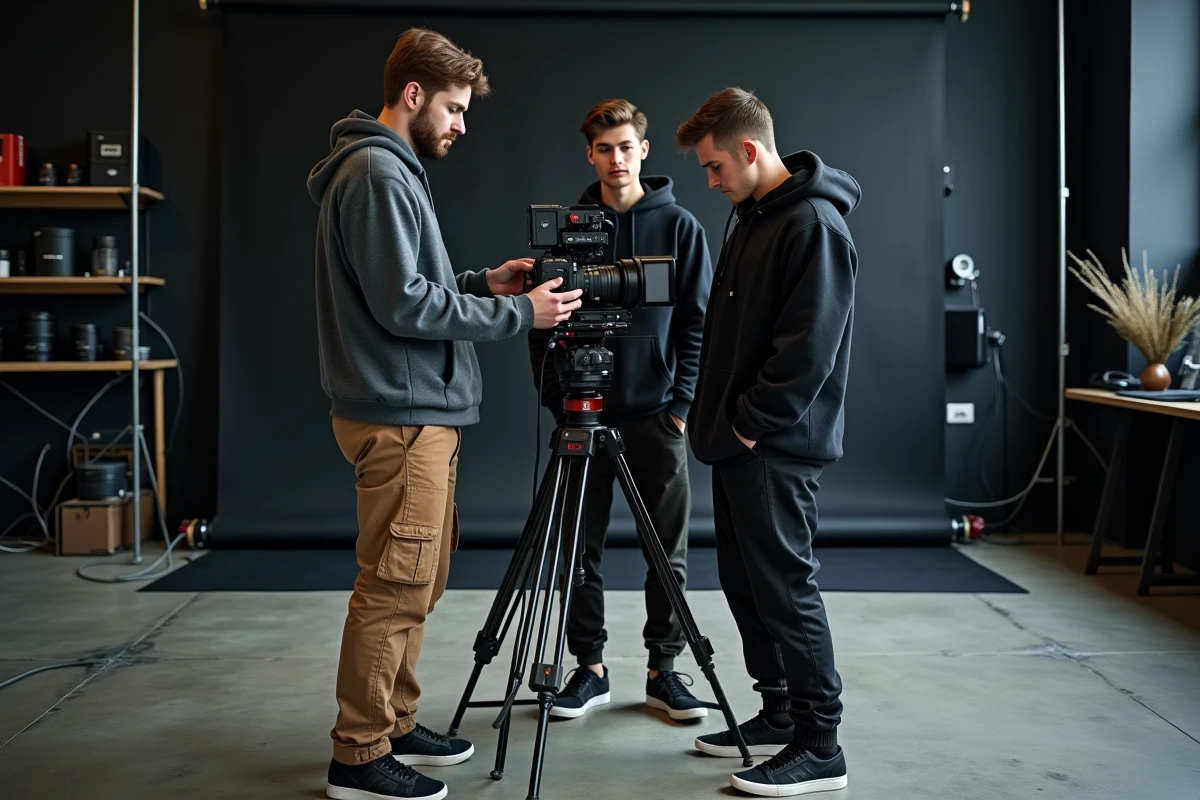 Groupe d'étudiants en cinéma manipulant une caméra professionnelle dans le studio de production audiovisuelle des Gobelins
