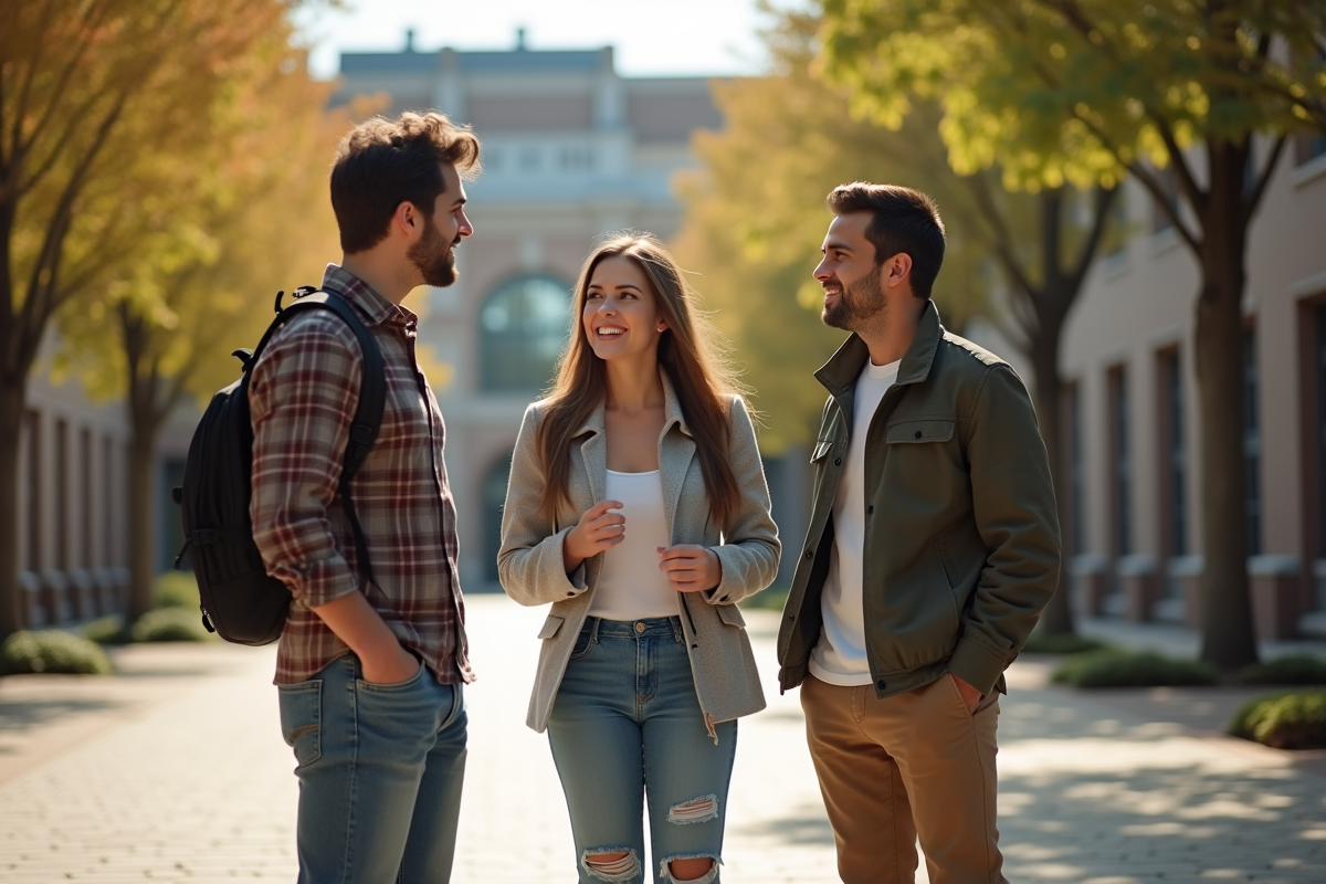 Groupe d etudiants discutant dans la cour ensoleillee