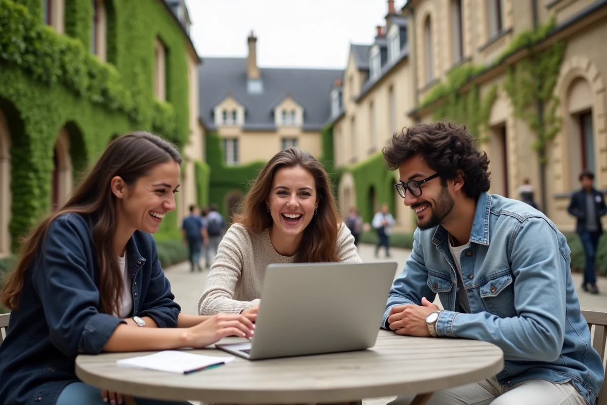 Groupe d'étudiants universitaires collaborant autour d'une plateforme d'apprentissage en ligne dans une cour de campus française