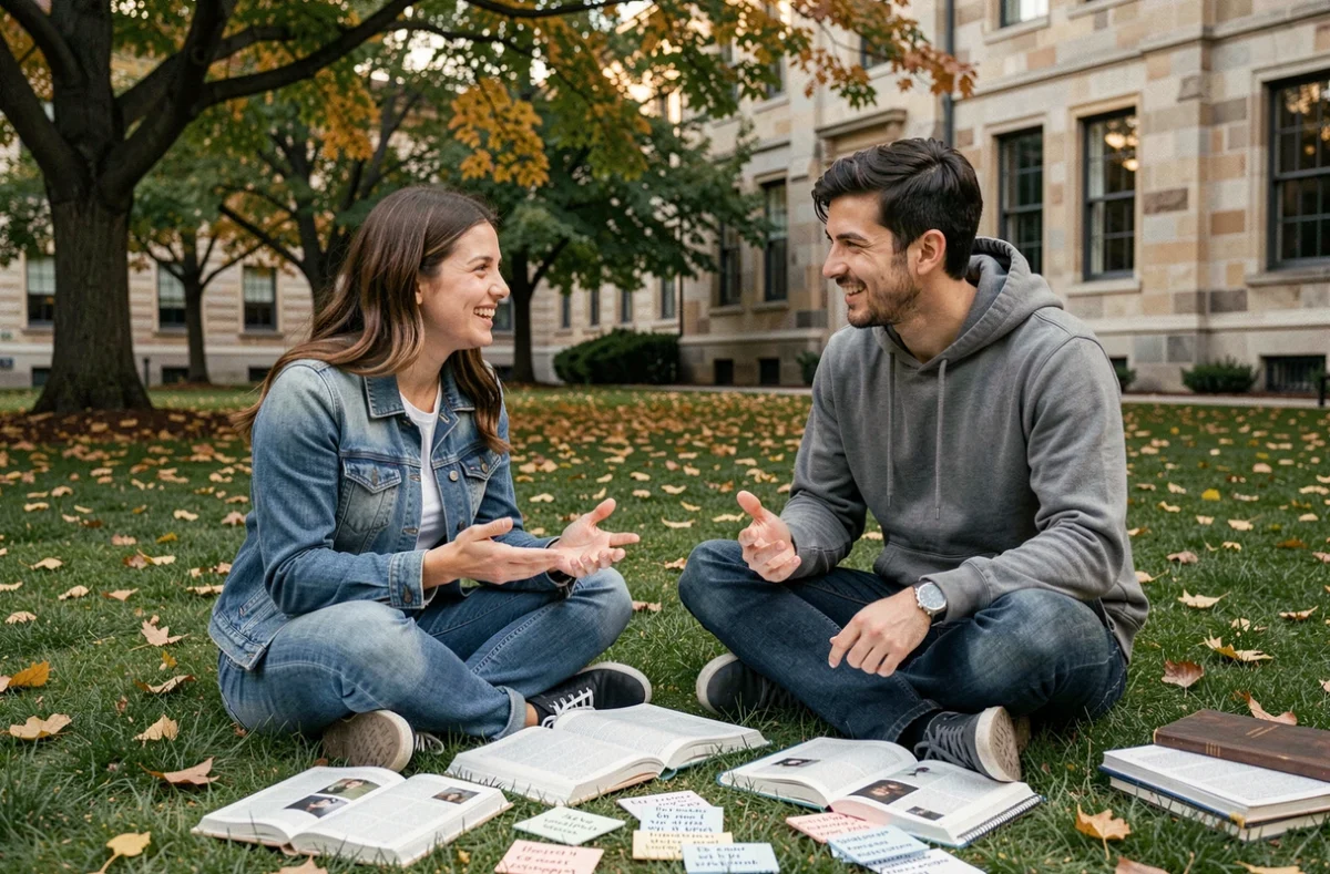Deux étudiants révisant l'imparfait espagnol avec des fiches et des livres sur une pelouse de campus universitaire