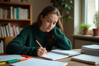 Jeune femme étudiant la conjugaison des verbes du deuxième groupe dans un cahier, entourée de livres de grammaire française