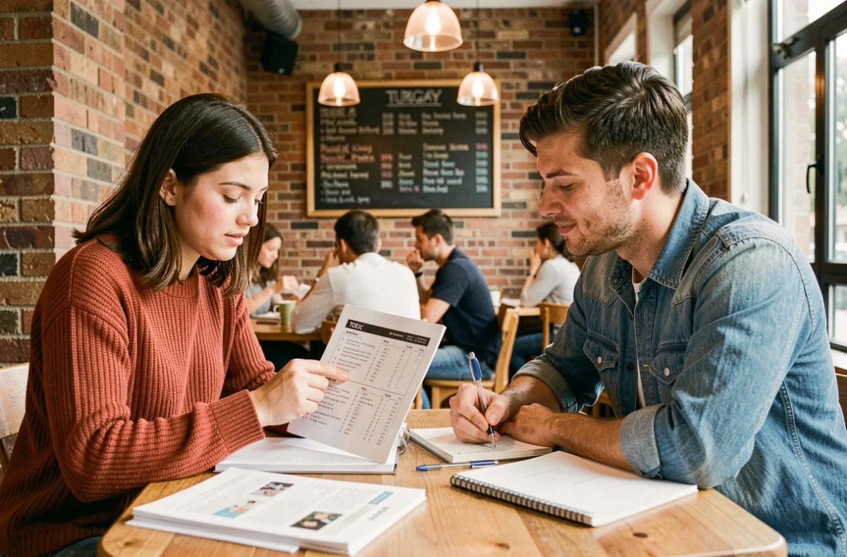 Deux étudiants révisant ensemble un exemple de questions TOEIC dans un café avec un cahier de notes