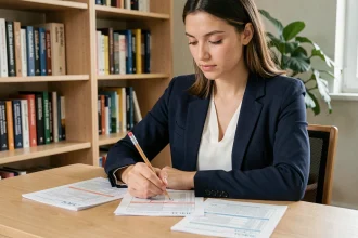 Jeune femme étudiant un exemple de test TOEIC avec des feuilles d'exercices sur un bureau en bois dans une salle d'étude