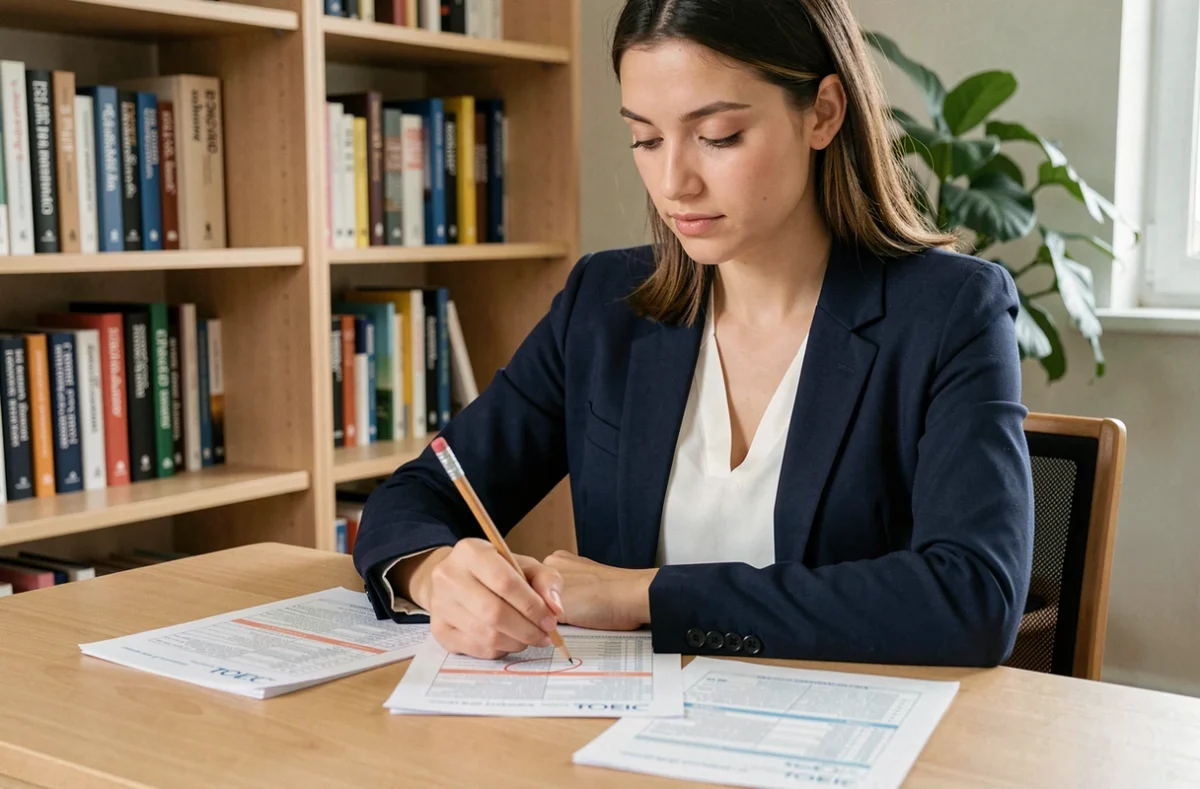 Jeune femme étudiant un exemple de test TOEIC avec des feuilles d'exercices sur un bureau en bois dans une salle d'étude