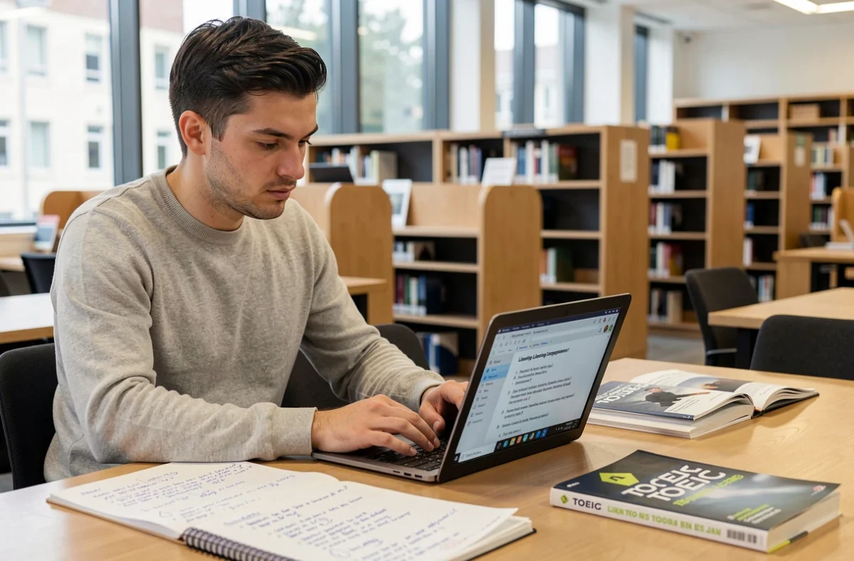 Homme en bibliothèque universitaire révisant des questions TOEIC sur ordinateur portable avec notes manuscrites