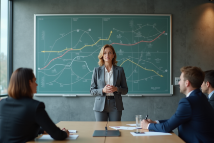 Femme d'affaires en réunion avec graphiques modernes