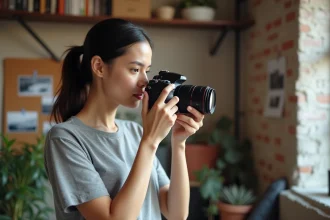 Femme apprenant les bases de la photographie en tenant un appareil photo reflex dans un atelier