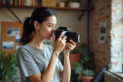 Femme apprenant les bases de la photographie en tenant un appareil photo reflex dans un atelier