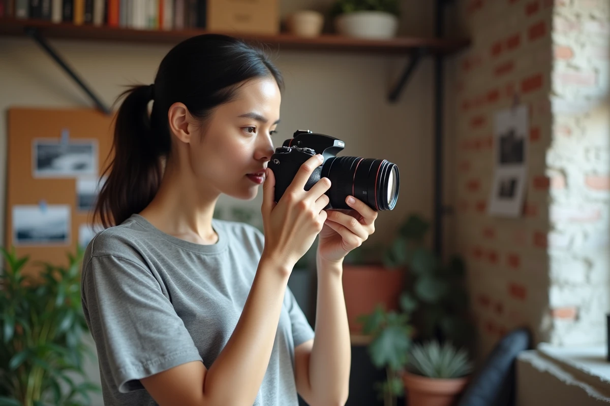 Femme apprenant les bases de la photographie en tenant un appareil photo reflex dans un atelier