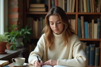 Jeune femme étudiant la grammaire française à son bureau avec des livres ouverts et des notes manuscrites