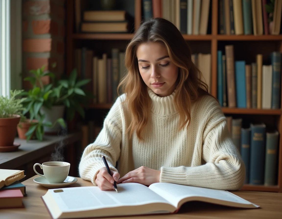 Jeune femme étudiant la grammaire française à son bureau avec des livres ouverts et des notes manuscrites