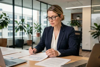 Femme professionnelle étudiant des documents de financement de formation FIMO dans un bureau moderne