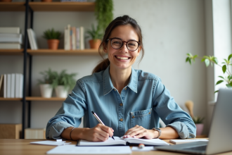 Femme organisée prenant des notes dans un bureau lumineux
