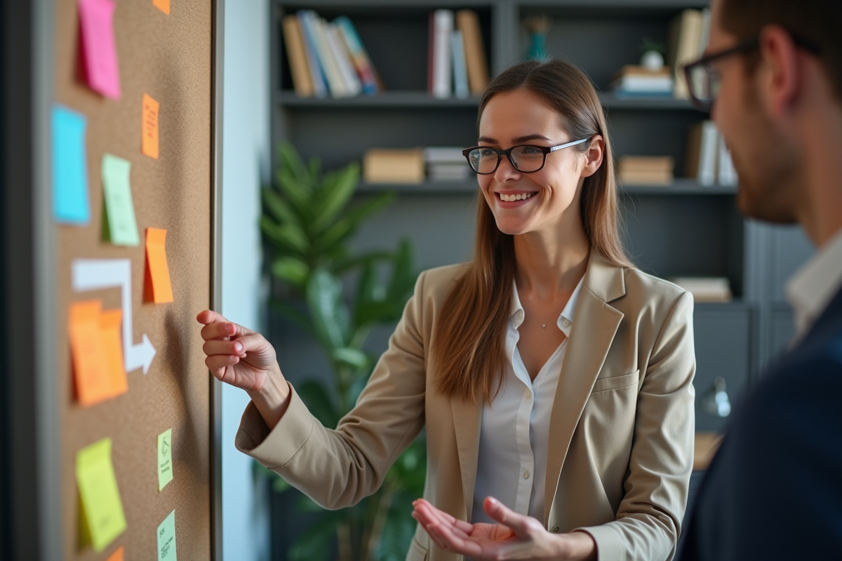 Jeune femme professionnelle guidant un collègue