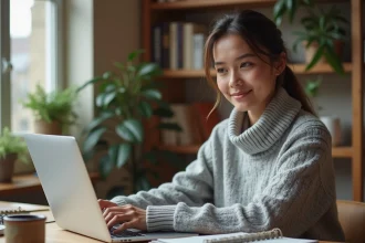 Jeune femme concentrée suivant un cours en ligne sur son ordinateur portable dans un bureau à domicile confortable