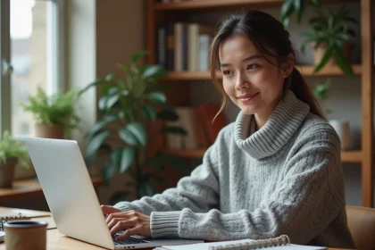 Jeune femme concentrée suivant un cours en ligne sur son ordinateur portable dans un bureau à domicile confortable