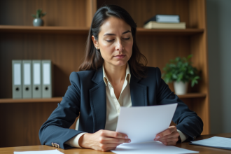 Femme en bureau examinant un diplôme avec concentration