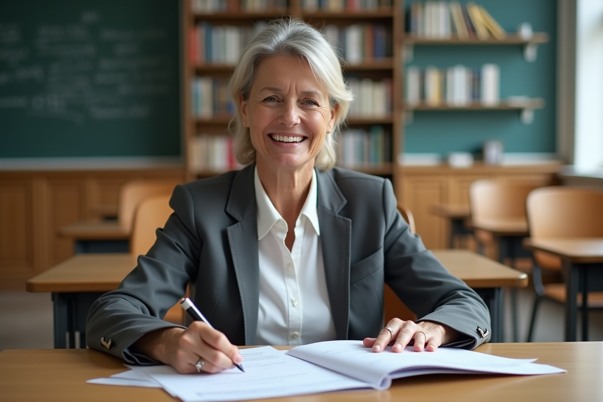Femme assise à un bureau universitaire avec certificats et livres