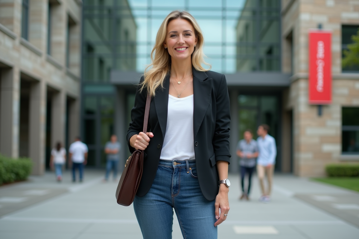 Femme entrepreneure debout devant un campus universitaire