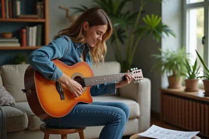 Femme jouant de la guitare dans un salon cosy