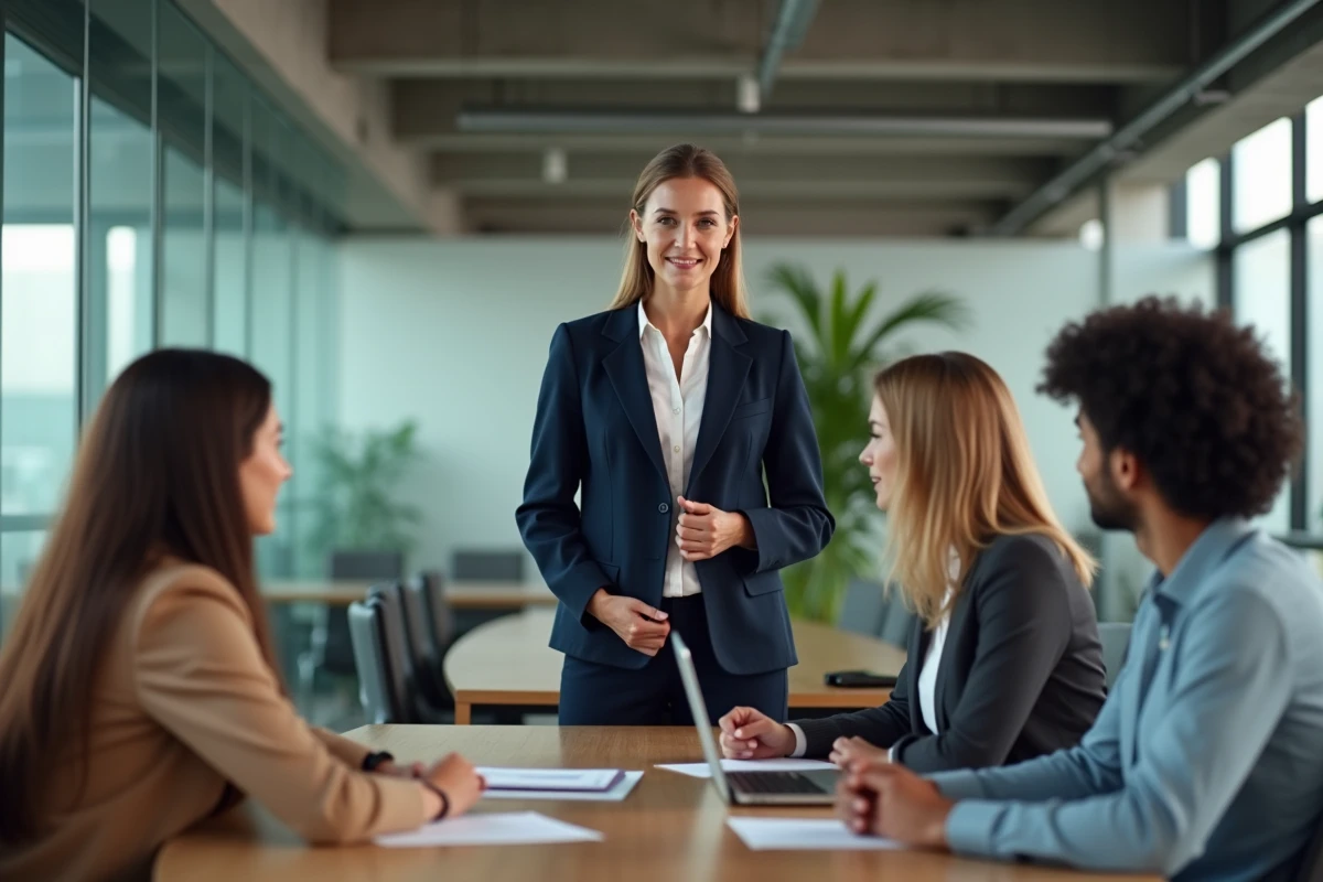Femme leader s'adressant à son équipe lors d'une réunion en salle de conférence moderne
