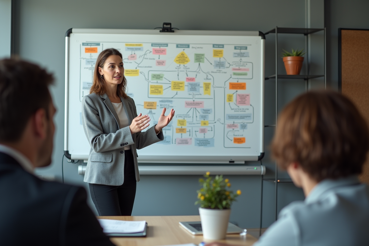 Femme manager expliquant devant un tableau blanc coloré