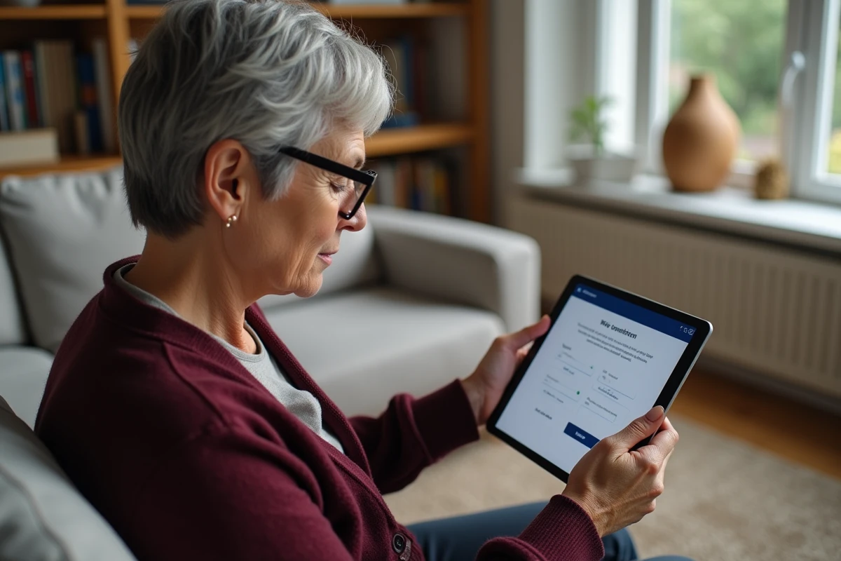 Femme mature apprenant à créer un compte sur le web avec une tablette dans son salon