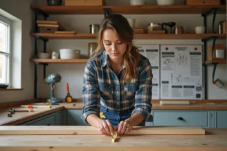 Femme en atelier mesurant un bois avec précision