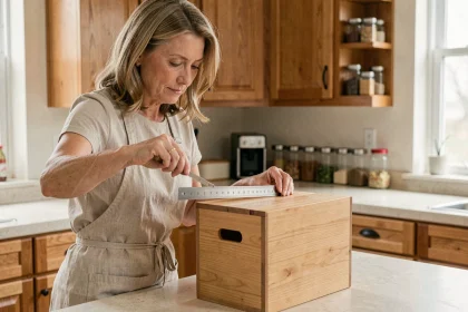 Femme mesurant un cube en bois sur un plan de travail de cuisine pour calculer son volume