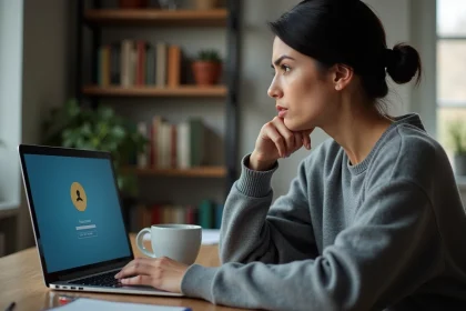 Femme frustrée devant un ordinateur portable affichant une page de réinitialisation de mot de passe perdu