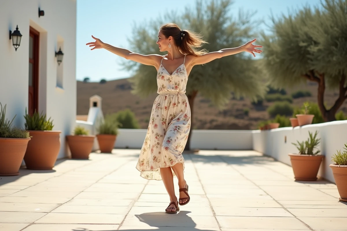 Femme pratiquant seule les pas du sirtaki sur une terrasse grecque ensoleillée avec village blanc en arrière-plan