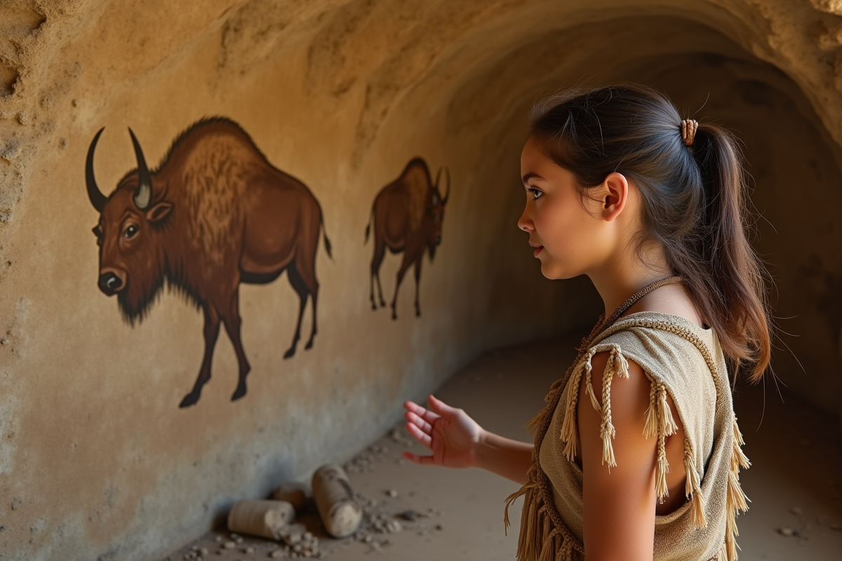 Jeune femme prehistorique observant des dessins de bison dans la grotte