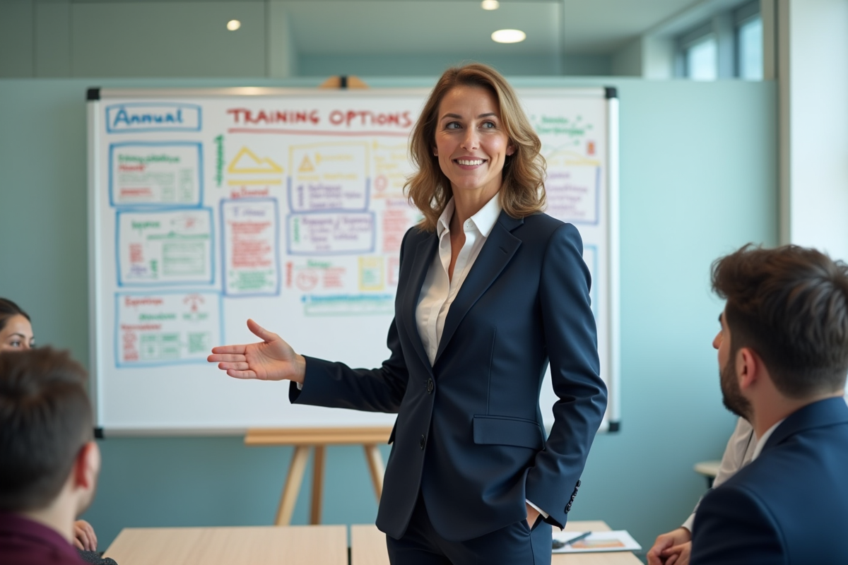 Femme en costume devant un tableau blanc avec diagrammes colorés