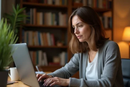 Femme travaillant depuis chez elle sur les paramètres de son navigateur pour accéder à edu Normandie