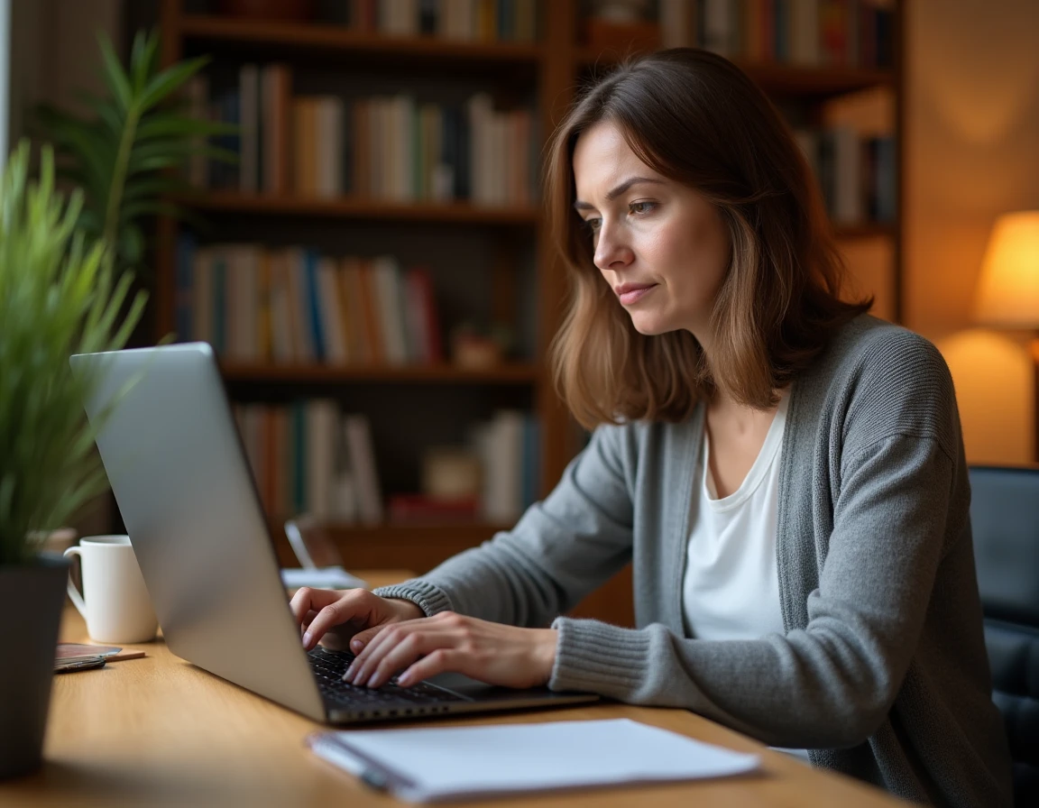 Femme travaillant depuis chez elle sur les paramètres de son navigateur pour accéder à edu Normandie