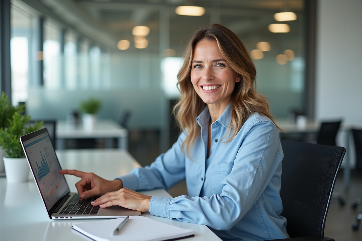 Femme RH souriante pointant un écran d