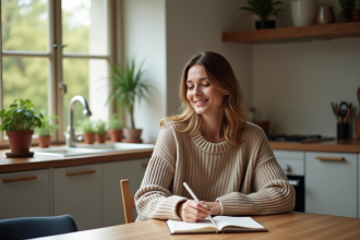 Femme souriante écrivant sa to do list dans la cuisine moderne