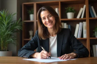 Femme signant une lettre de recommandation dans un bureau