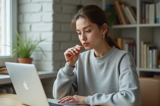Jeune femme concentrée passant un test de QI en ligne sur son ordinateur portable dans un bureau minimaliste