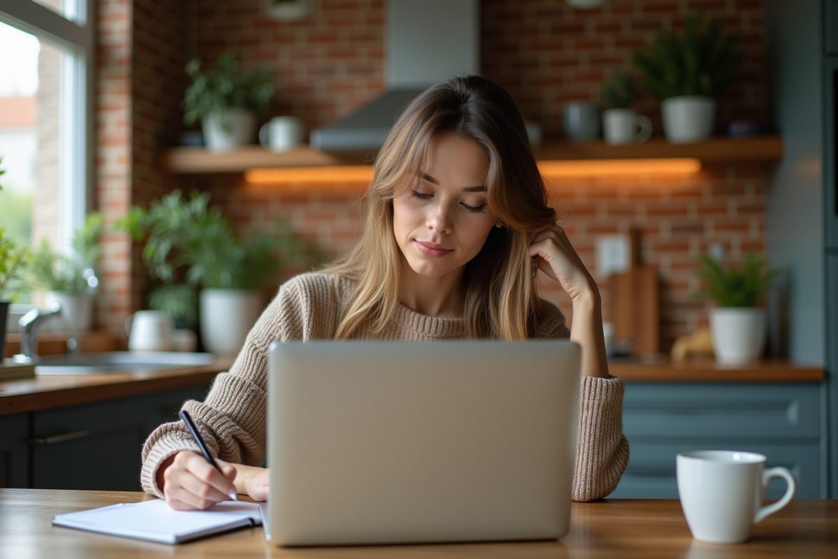 Jeune femme travaillant à la maison dans une cuisine chaleureuse