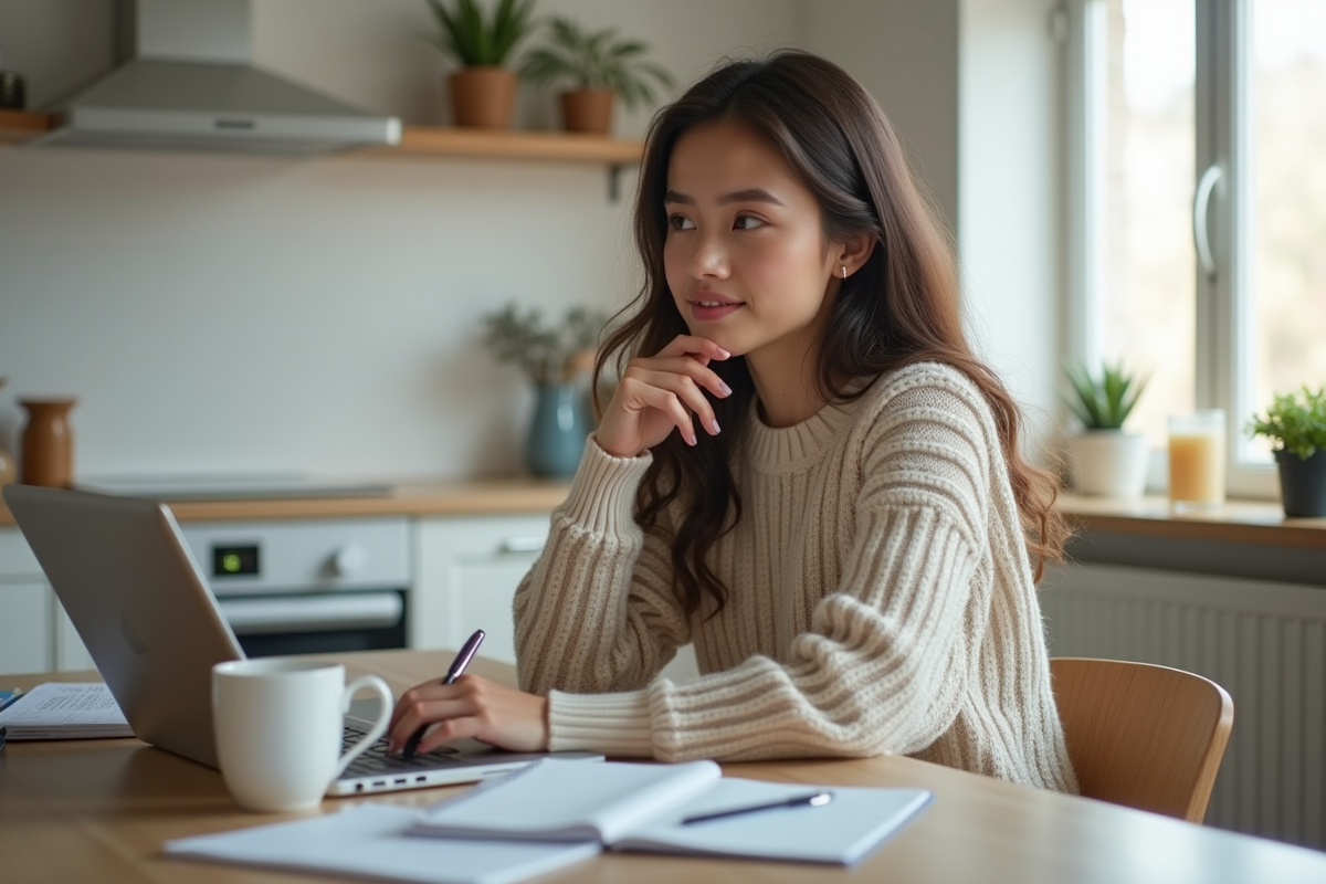 Jeune femme travaillant à domicile avec tablette et mug