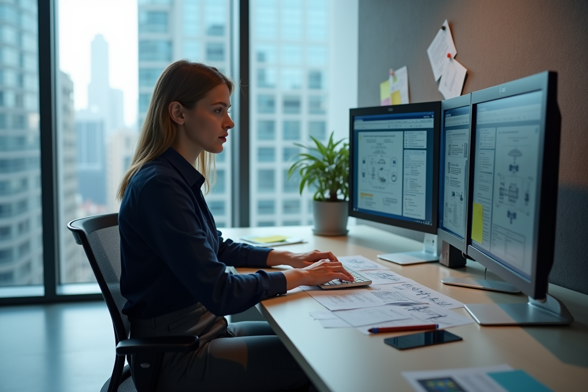 Jeune femme concentrée travaillant sur ordinateur en bureau moderne