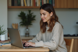 Femme assise à une table cuisine en train de taper sur un ordinateur portable