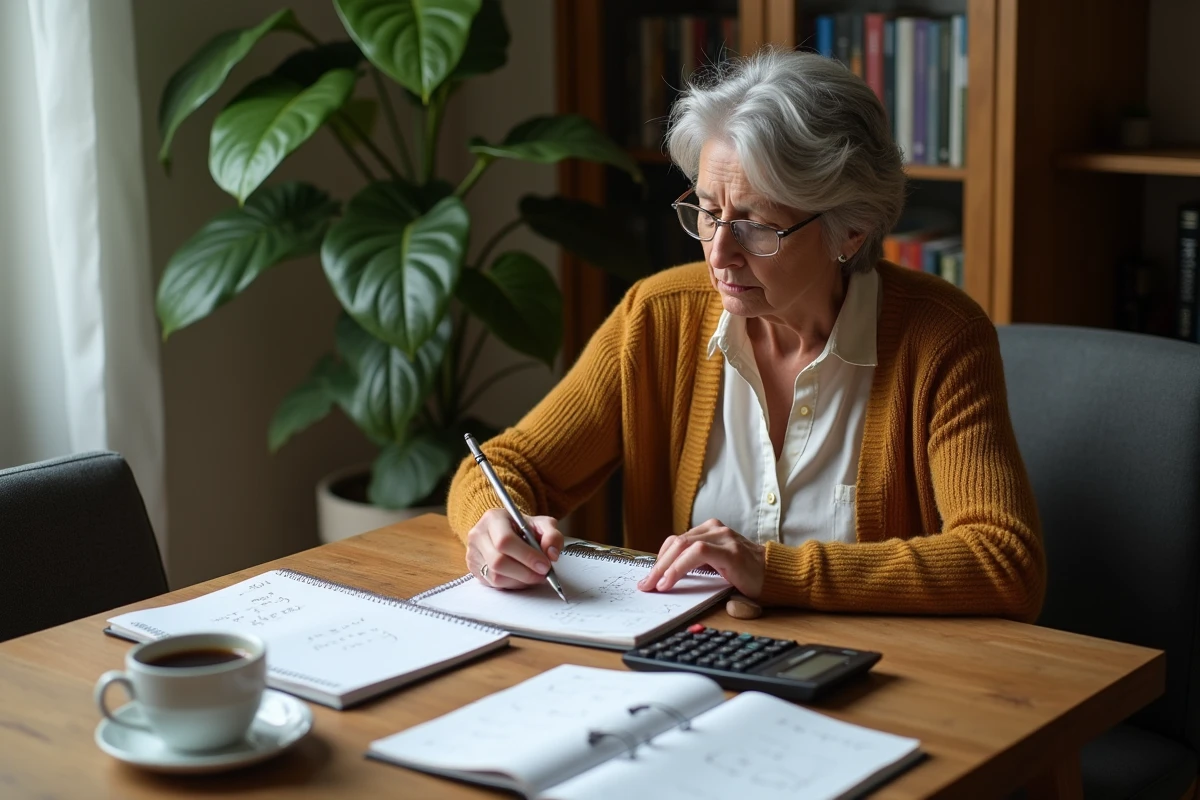 Femme lisant des notes de trigonometrie &agrave; la maison