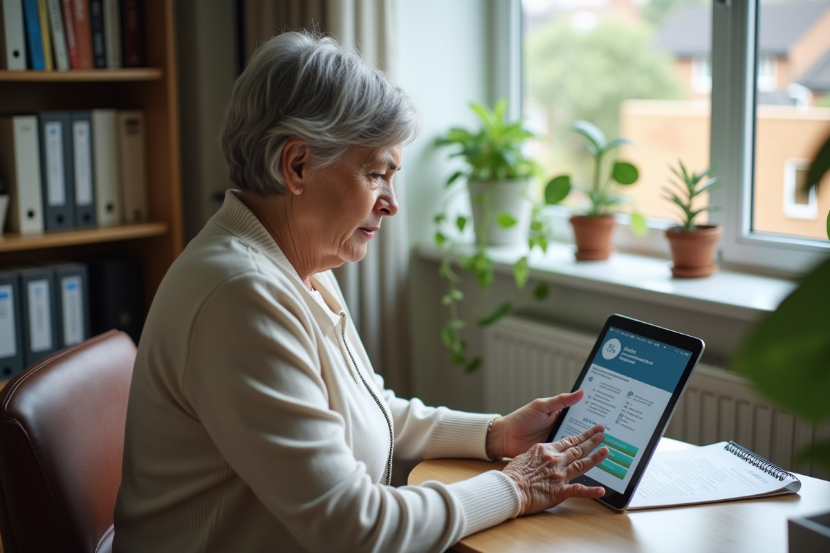 Femme de 60 ans consulte une page CPF sur tablette dans un bureau