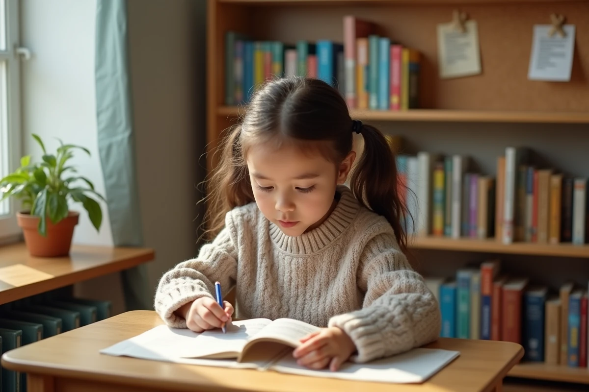 Fillette de CE2 lisant un roman jeunesse et remplissant une fiche de lecture simple dans une bibliothèque scolaire